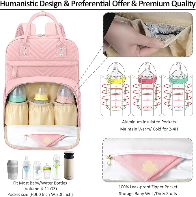 Diaper Bag Backpack Tote for Women Large Capacity, Baby Bag with Insulated Pockets Multifunctional Diaper Bags For Baby Girl Boy Waterproof Baby Bags For Boys Girls Maternity Bag Baby Pink-CubbioJoy