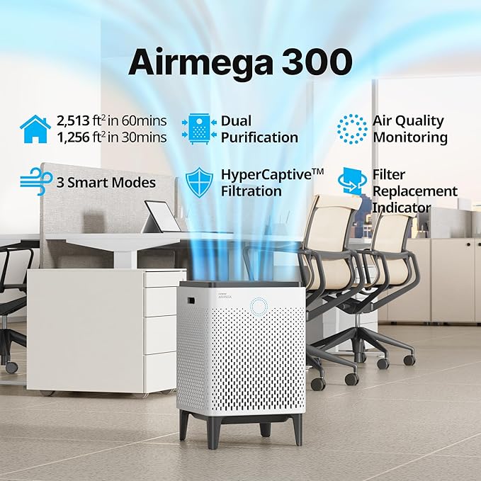 Coway Airmega 300 Smart Air Purifier with 1,256 sq. ft. Coverage, White, Model:AP-1515H-CubbioJoy