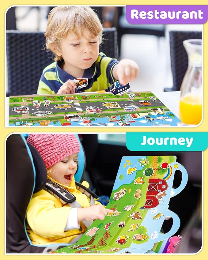 Benresive Reusable Sticker Books for Kids 2-4, Sticker Books for Toddlers 1-3 2-4, Toddler Travel Toys Activities Crafts Gifts - Farm, Space and Vehicle-CubbioJoy