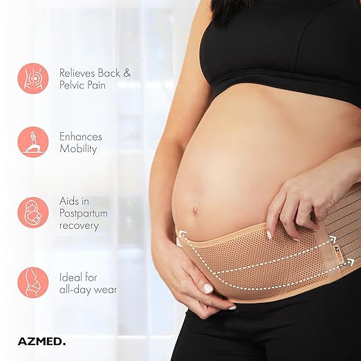 AZMED Maternity Belt Back Support - Adjustable Abdominal Binder for Pregnancy - Belly Band for Pelvic, Waist & Lower Back Comfort - Fits Up to 46 Inches - Beige-CubbioJoy
