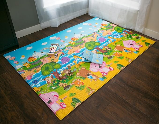 Baby Care Play Mat (Large, Playful - Pinko & Friend) 82'' x 55'' Original One-Piece Reversible Rollable Waterproof Play Mat for Infants, Babies, Toddler, and Kids-CubbioJoy