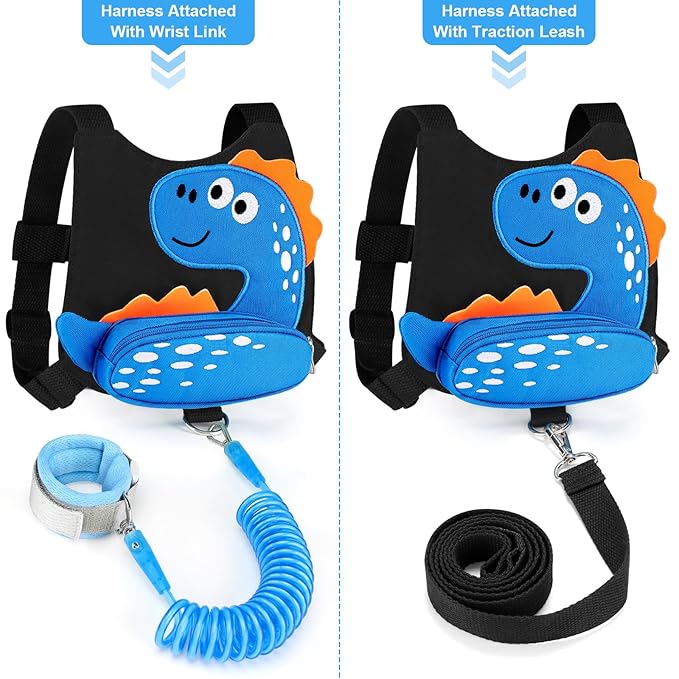 Accmor Toddler Harness Leash with Anti Lost Wrist Link, Cute Dinosaur Kids Harnesses Children Leashes, Baby Walking Harness Keep Child Close Wristband Strap for Boys Travel-CubbioJoy