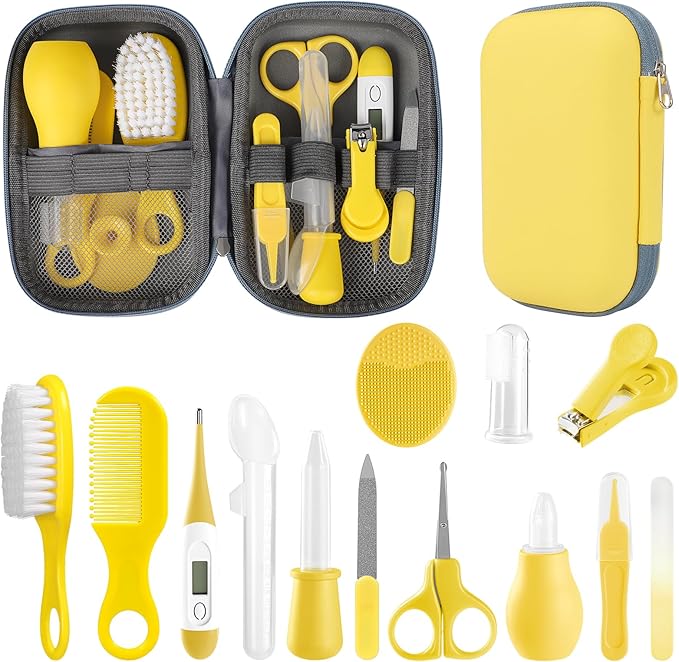 Baby Grooming Kit, Infant Safety Care Set with Hair Brush Comb Nail Clipper Nasal Aspirator,Baby Essentials Kit for Newborn Girls Boys (Yellow)-CubbioJoy