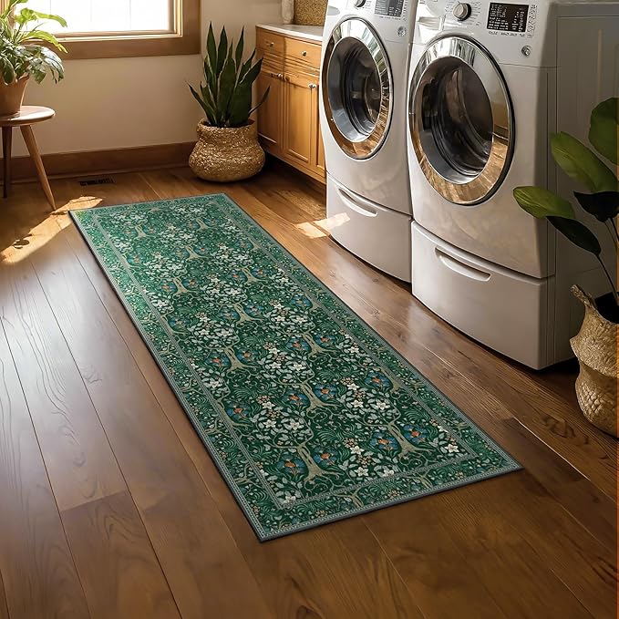 Joydeco Washable Runner Rug Non Slip, Floral Kitchen Carpet Runner 2x6, Soft Low-Pile Botanical Forest Indoor Floor Door Mat for Hallway Bathroom Entryway Laundry Room, Dark Green-CubbioJoy
