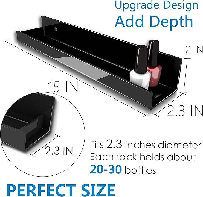 4 Pack 15 Inch Black Acrylic Shelves, Black Kids Floating Bookshelf for Kids Room, Modern Nail Polish Rack Sunglasses Essential Oil Picture Ledge Display Toy Storage Wall Shelf-CubbioJoy