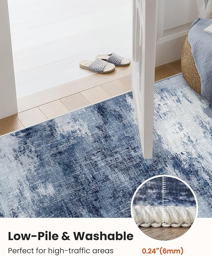 Amada Washable Entry Rug, 2x3 Modern Abstract Rug with Short Pile and Non-Slip Backing, Small Rug with Abstract Pattern for Entryway, Kitchen and Living Room, Dark Blue-CubbioJoy