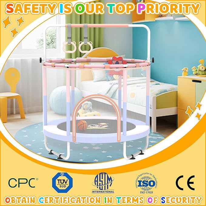 60'' Toddler Trampoline with Safety Enclosure Net, Trampoline for Kids Certified by ASTM USA 2-8 Year Old for Indoor, Lawn Garden-CubbioJoy