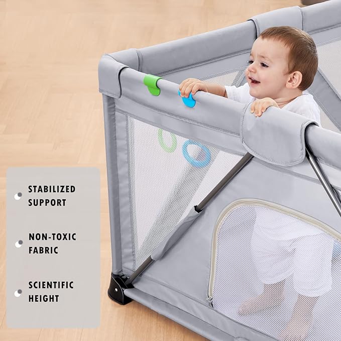 Baby Playpen Foldable, Playard for Babies and Toddlers, Portable Playpen Activity Center with 50 Balls+2 Handles for Travel, Indoor & Outdoor Play Pen with Mesh 50''x50''-CubbioJoy