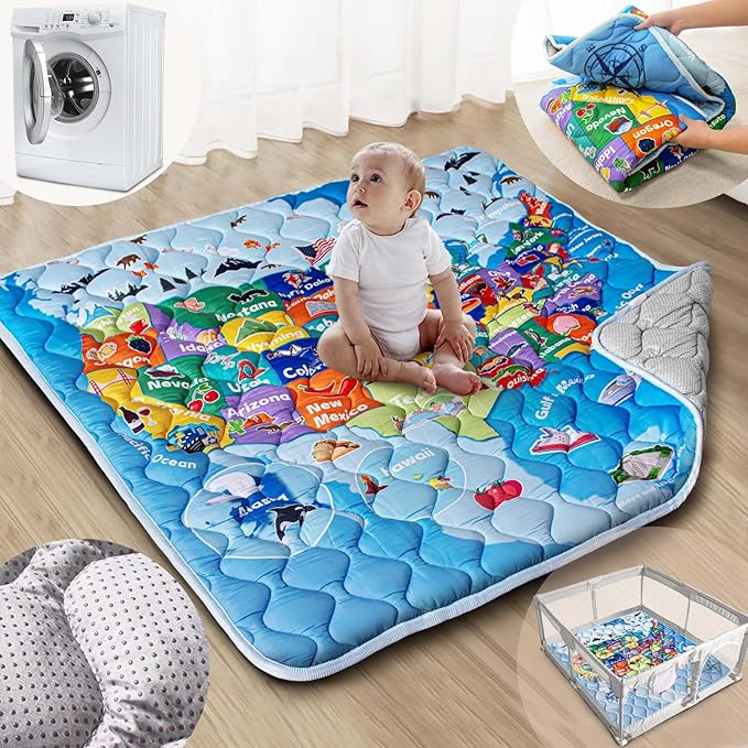 Baby Play Mat, 50x50 Playpen Mat with Super Soft Touch, Thick Activity Mat with Upgraded Anti-Slip Bottom, Machine Washable Crawling Mat for Floor & Picnic (Map)-CubbioJoy