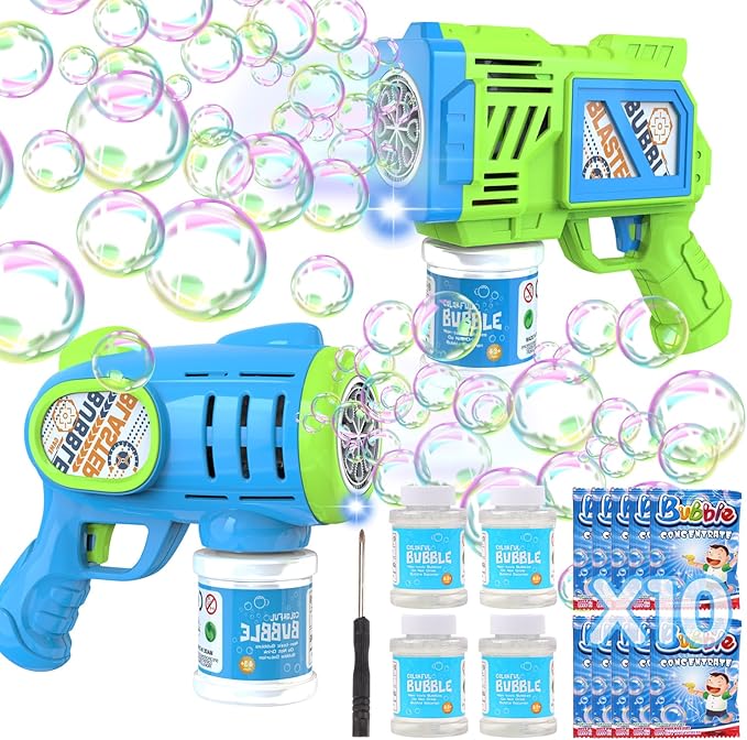 2 Pack Bubble Gun Machine for Kids, Automatic Light Up Bubble Blower with 4 Bottles 10 Bags Refill Solution Bubble Guns Blaster for Toddlers, Outdoor Toys Gifts Wedding Easter Party Favor-CubbioJoy