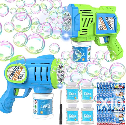 2 Pack Bubble Gun Machine for Kids, Automatic Light Up Bubble Blower with 4 Bottles 10 Bags Refill Solution Bubble Guns Blaster for Toddlers, Outdoor Toys Gifts Wedding Easter Party Favor-CubbioJoy