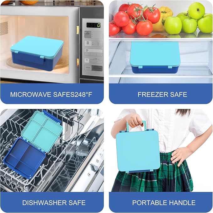 Bento Lunch Box with 8oz Soup Thermo, Kids Leakproof Lunch Food Containers with 4 Compartment, Kids Thermo Insulated Hot Food Jar for School, Trvael（Blue-CubbioJoy