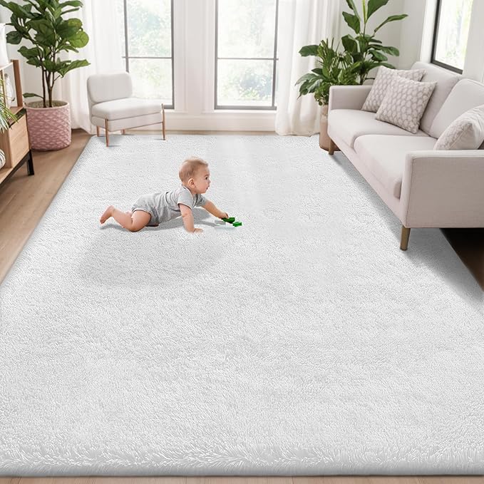 5x7 Area Rug for Living Room: Fluffy Shag Soft Washable Rugs Fuzzy Plush Indoor Carpet for Bedroom Nursery Playroom Dorm Kids Girls Boys Room (White, 5'x7')-CubbioJoy