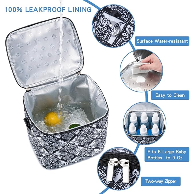 Breastmilk Cooler Bag with Ice Pack Fits 6 Baby Bottles Up to 9 Ounce, Baby Bottle Bag with Shoulder Strap for Nursing Mom Daycare, Black-CubbioJoy