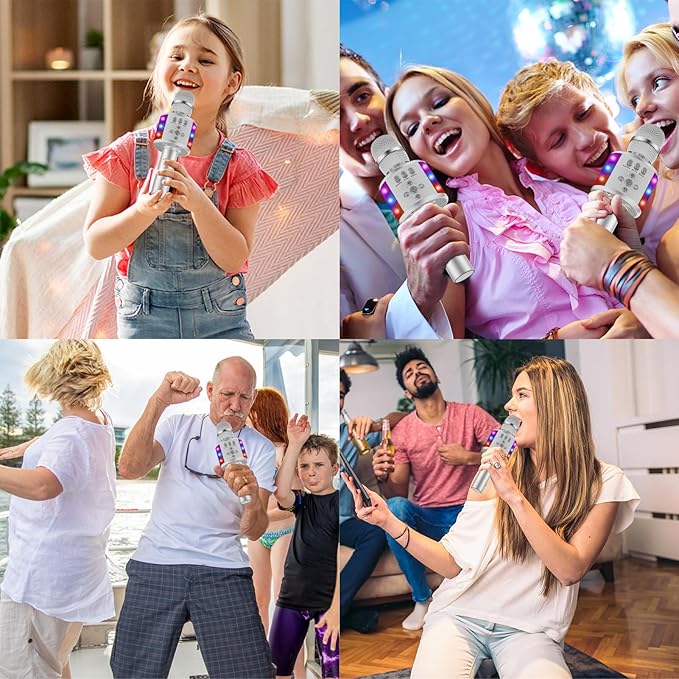 BONAOK Karaoke Microphone for Kids & Adults - Bluetooth Microphones Singing Mic with Disco Lights, Echo Effect, Built-in Speaker Portable Karaoke Player for Party Travel Gifts Q78(Silver)-CubbioJoy