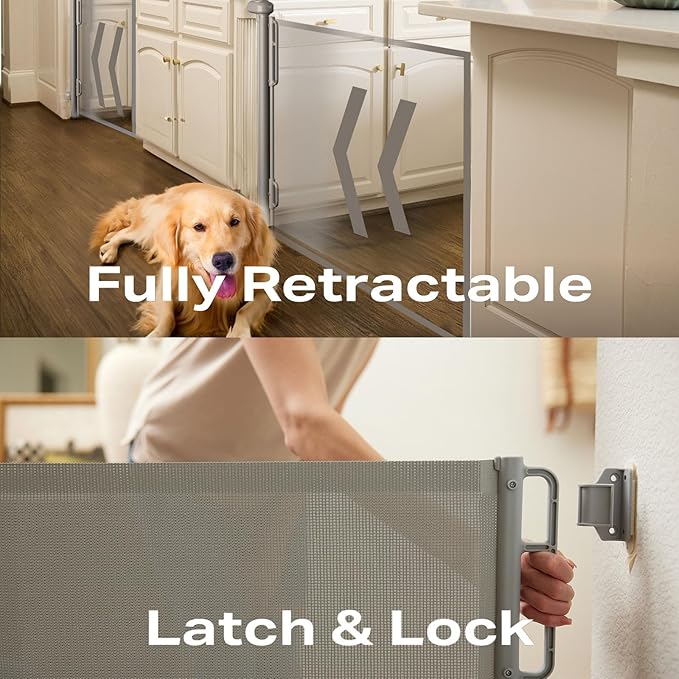 Cumbor 55" Wide Retractable Baby Gates for Doorways, Mom's Choice Award - Mesh Dog Gate for The House, One-Hand Opening Safety Child Gates for Stairs, Pet Puppy Fence Indoor & Outdoor, Gray-CubbioJoy