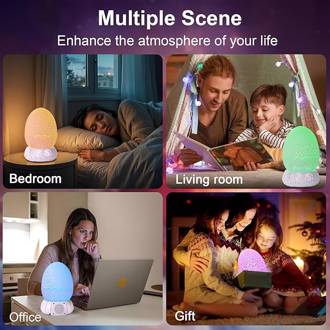 Dinosaur Egg Shape Touch Control Night Light with Pattern Inside, Digital Alarm Clock with Wake Up Light, 20 Soothing Sleep Training Sound and Bluetooth Speaker Box (2025 Style)-CubbioJoy