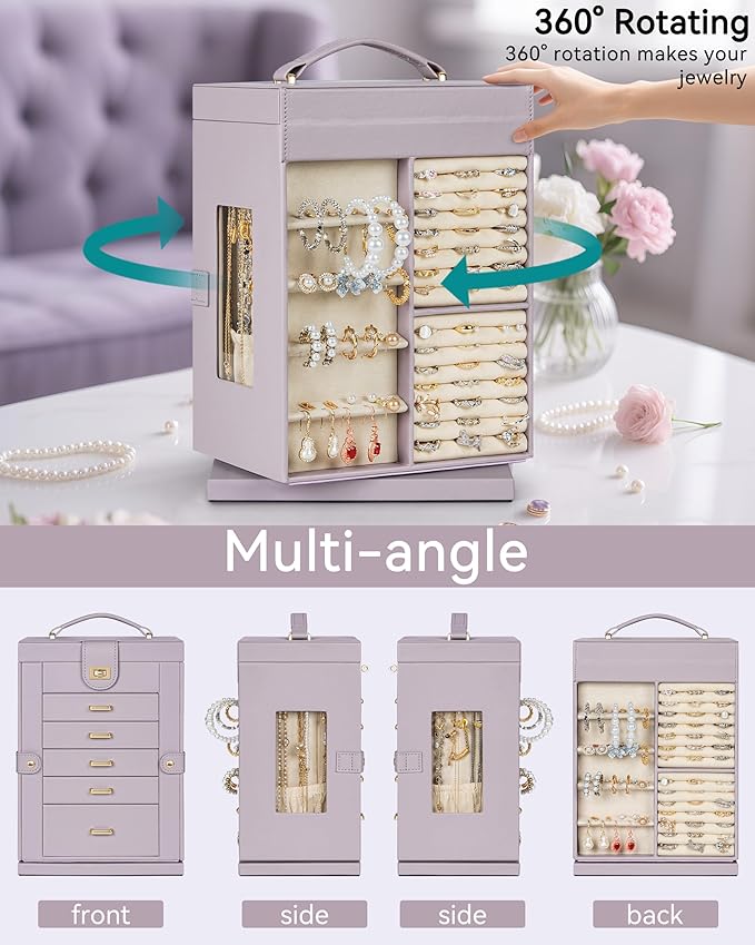 AKOZLIN 360° Rotating Jewelry Box 6-Tier Organizer Functional Jewelry Storage Case for Women Girls Ring Necklace Earring Bracelet Holder with Mirror Purple-CubbioJoy