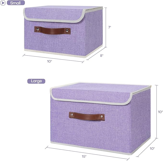 ANMINY Storage Bin with Lid Storage Boxes with PU Leather Handles PP Plastic Board Decorative Foldable Lidded Cotton Linen Fabric Home Cubes Baskets Closet Organizer Container - Purple, Small Size-CubbioJoy