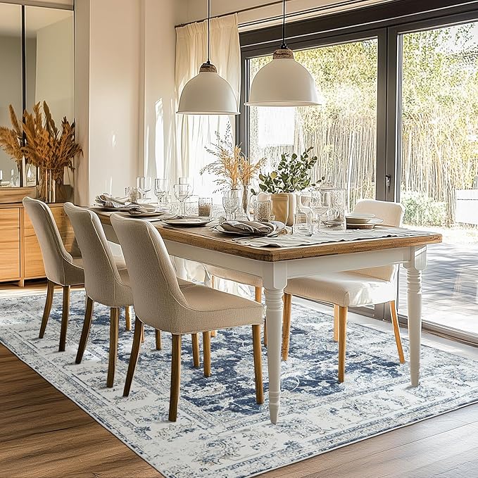 jinchan Vintage Floral 5x7 Area Rugs for Bedroom - Machine Washable Distressed Design Stain Resistant Boho Carpet Ultra-Thin Low Pile Non-Slip Rug for Living Room Dining Room Kitchen (5‘x7',Dark Blue)-CubbioJoy