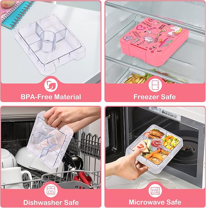 Bento Lunch Box Set With 10oz Soup Thermo, Leak-proof Lunch Containers with 4 Compartment, Kids Hot Thermo Food Jar/Insulation Lunch Bag, Food Containers for School（Flamingo）-CubbioJoy