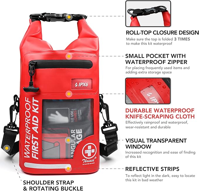 250 PCS Waterproof First Aid Kit, Roll Top Reflective Boat Dry Bag Bug Out Bags, Emergency Medical Kit Ideal for Boating, Camping, Fishing, Kayaking, Floating, Red-CubbioJoy