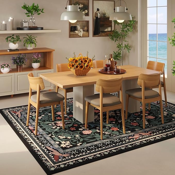 5x7 Washable Rug Vintage Floral Botanical Area Rug Non Slip Low Pile Large Rugs for Living Room, Bedroom, Farmhouse, Dining Room, Kids Playroom, Black-CubbioJoy