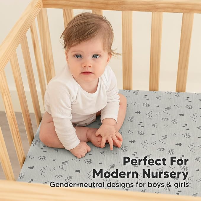 KeaBabies 2-Pack Muslin Crib Sheets for Boys, Girls - 100% Organic Cotton Fitted Baby Crib Mattress Sheet, Soft Breathable Standard Toddler Bed Cover Bedding Set, Neutral, Durable 52x28 (Woodland)-CubbioJoy