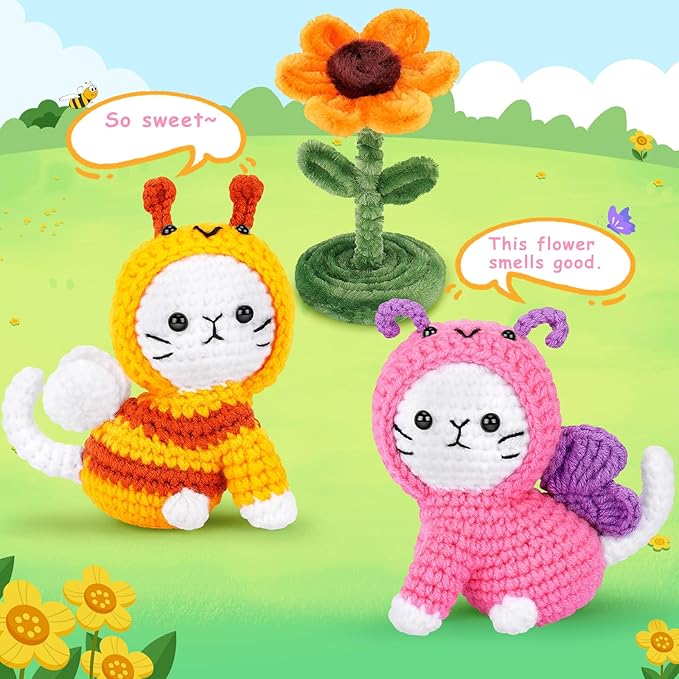 Crochet Kit for Beginners, 2PCS Cats Dressed as Bee and Butterfly Crochet Kits with Step-by-Step Video Tutorials, Beginner Crochet Kits for Kids and Adults, Animal Crocheting Kit for Starters-CubbioJoy
