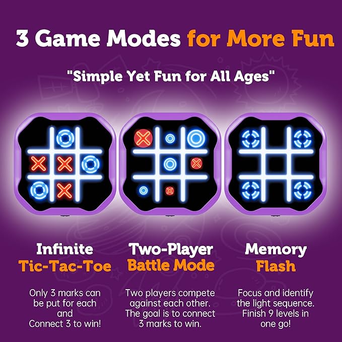 3 in 1 Electronic Tic Tac Toe Game, Handheld Digital Tic Tac Toe Bolt Game with Silent Mode, Portable Learing Toy Gift for Kids & Adults, Purple(One Pack)-CubbioJoy