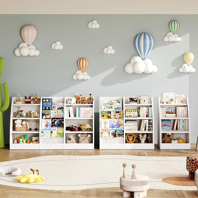 4 Tier Kids Bookshelf, 4 Layer Sling Kids Book Shelf for Kids Rooms,Wood Children Bookcase,Baby Storage Book Rack,Toddler Bookshelf, Book and Toy Organizer,Book Display Shelf for Bedroom, Nursery-CubbioJoy