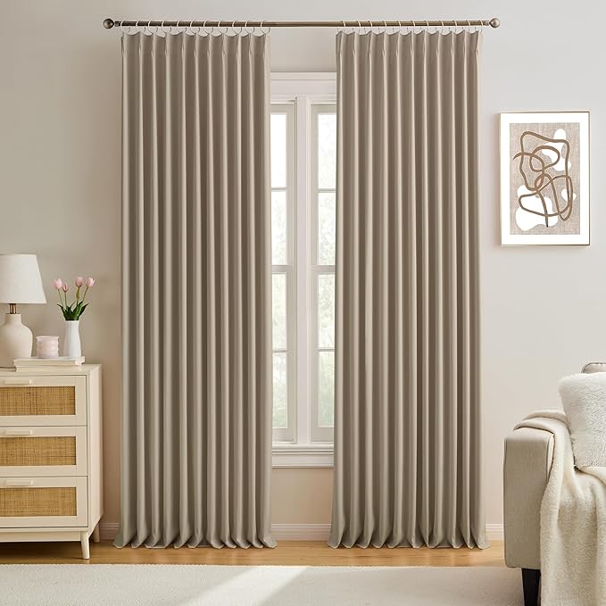 KEQIAOSUOCAI Pleated Blackout Curtain Drapes for Window 90" L - Triple Weave Energy Saving Solid Pinch Pleat Hook Thermal Room Divider Blackout Panels for Patio (72" Wide per Panel, 2 Panels, Khaki)-CubbioJoy