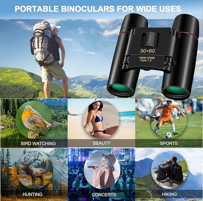 Compact 30x60 Binoculars for Adults,Suitable for Adults and Children Bird Watching Travel Sightseeing, Waterproof Lightweight Small Binoculars, with Clear Low-Light Vision-CubbioJoy