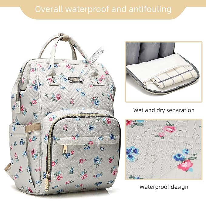 Diaper Bag Backpack, Diaper Bags for Baby Girls Boys, Baby Bags for Moms Dads, Nappy Changing Bag with Insulated Pockets,Multi-functional Waterproof Backpack with Stroller straps-Beige Flowers-CubbioJoy