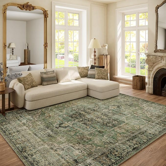 6x9 Area Rugs for Living Room: Washable Bedroom Rug Boho Vintage Rugs Stain Resistant Non Slip Low Pile Soft Lightweight Carpet for Kitchen Dining Room Farmhouse Nursery Kids Room-CubbioJoy