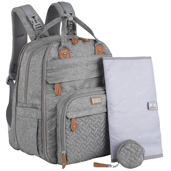 BabbleRoo Extra Large Diaper Bag Backpack, Expandable Baby Bag with Up to 50% More Capacity - Travel Essentials Baby Bag Tote with Changing Pad, Stroller Straps & Pacifier Case - Unisex, Light Gray-CubbioJoy