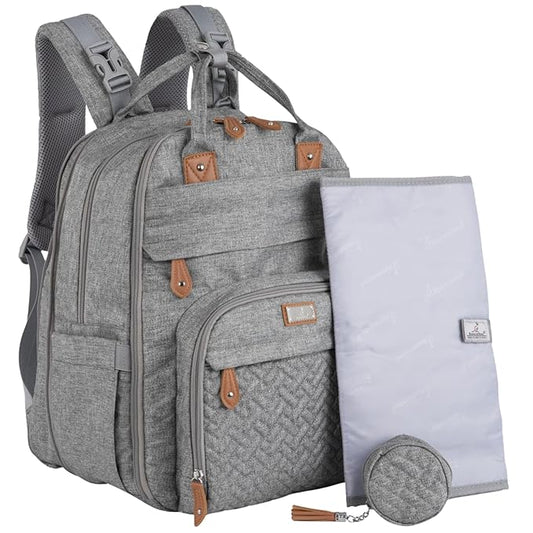 BabbleRoo Extra Large Diaper Bag Backpack, Expandable Baby Bag with Up to 50% More Capacity - Travel Essentials Baby Bag Tote with Changing Pad, Stroller Straps & Pacifier Case - Unisex, Light Gray-CubbioJoy