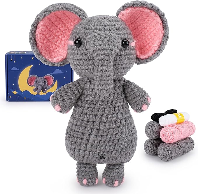Crochet Kit for Beginners - Elephant Crochet Kits with Step-by-Step Video Tutorials, Beginner Crochet Kit for Adults, Crochet Animal Kit for Kids, Goodnight Elephant Crocheting Set (Grey)-CubbioJoy