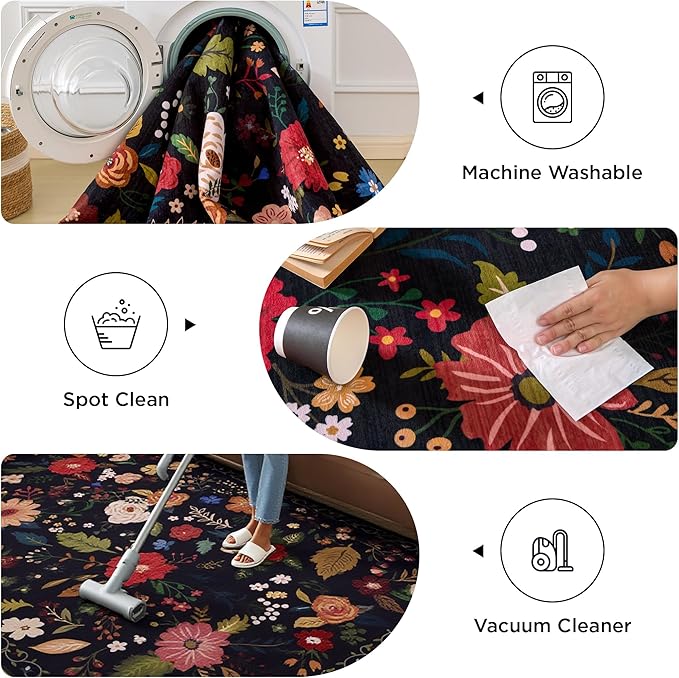 5x7 Washable Rug for Living Room, Floral Black Area Rug, Non Slip Low Pile Soft Flower Carpet, Large Rugs for Bedroom, Dining Room, Office, Kids Playroom, Nursery-CubbioJoy