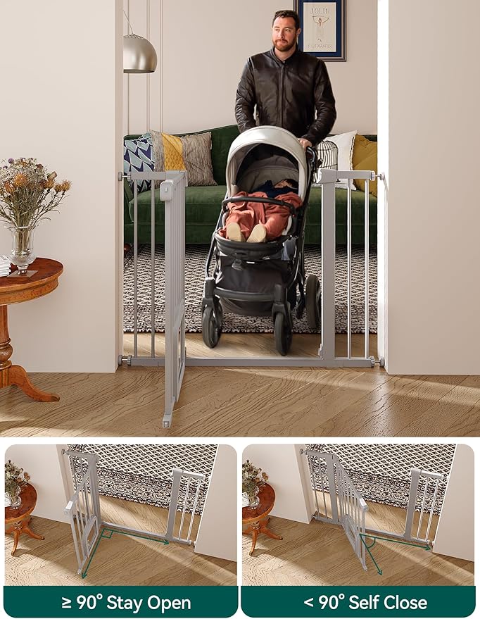 Babelio 29-48" Extra Wide Baby Gate with Adjustable Cat Door,Easy Install Pressure/Hardware Mounted,Auto Close Pet door for Stairs,House,Doorways,Effortless Walk Thru,Gray-CubbioJoy
