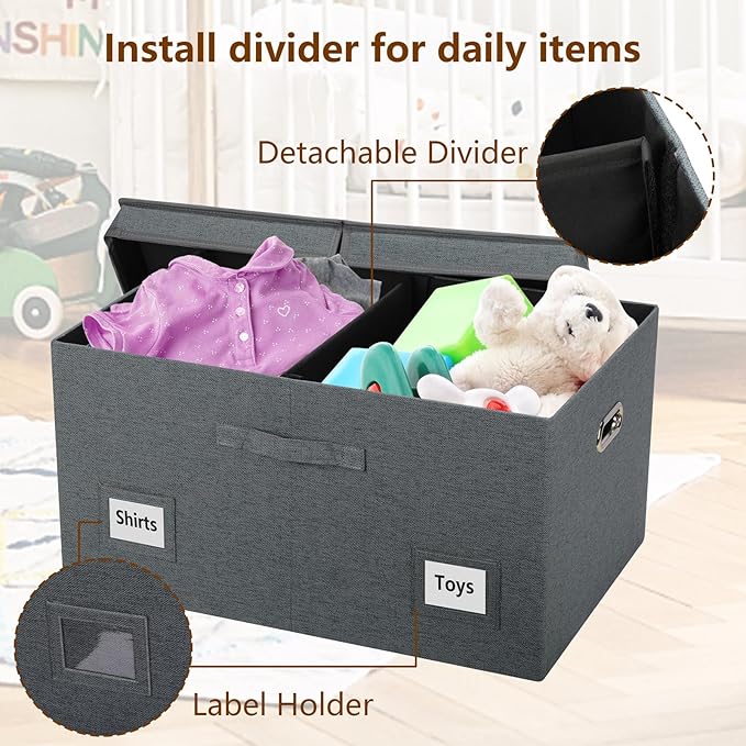 75 Quarts Extra Large Decorative Storage Bins with Lids, 3 Packs Dark Gray Collapsible Storage Bins with Lids, Stackable Storage Bins Decorative Box Storage With Lid Extra Large-CubbioJoy