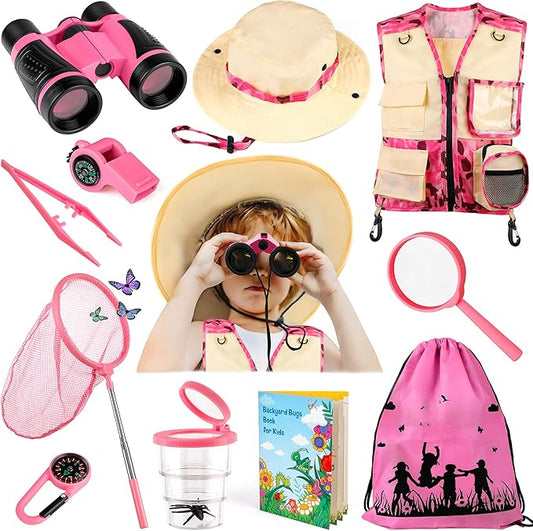 INNOCHEER Kids Explorer Kit & Bug Catcher Kit & Safari Costume Kit, Outdoor Exploration Set with Hat, Vest, Butterfly Net and Bugs Book for Boys Girls 3-12 Years Old (Camouflage Pink)-CubbioJoy