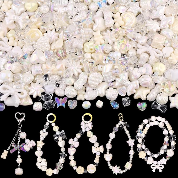 Assorted 170-230PCS White Acrylic Beads for Bracelet Making, Flower Bow Butterfly Candy GummyBear Aesthetic Bracelet Charms,Cute Beads for Jewelry Making DIY Necklace Keychain Phone Charm-CubbioJoy
