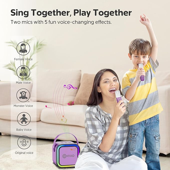 Contixo KS1A Kids Mini Karaoke Machine with LED Lights, 7–10H Playback, Dual Wireless Mics, Magic Voice Effects, Bluetooth Speaker for Children, Portable Singing Toy Gift for Boys & Girls, Purple-CubbioJoy