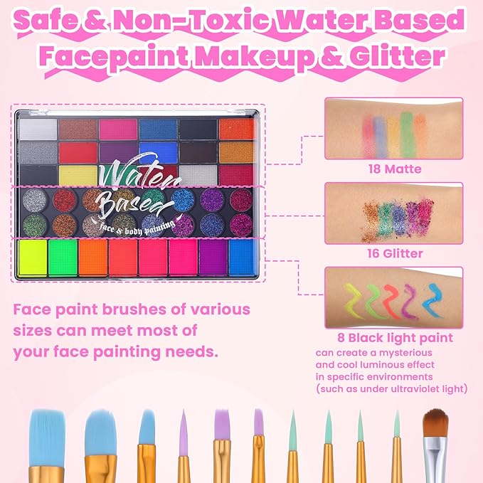 42 Color Face Painting Kit for Kids - Water Based, Non Toxic Face paint palette with Art Brushes, Stencils, Gems - For Halloween, Carnival, Costume Makeup, Parties & Cosplay-CubbioJoy