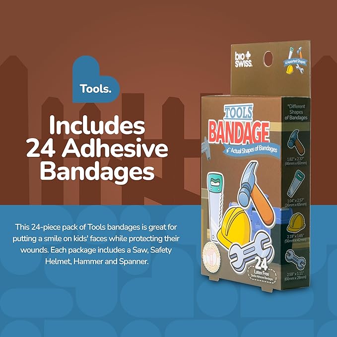 BioSwiss Bandages, Tools Shaped Self Adhesive Bandage, Latex Free Sterile Wound Care, Fun First Aid Kit Supplies for Kids and Adults, 24 Count-CubbioJoy