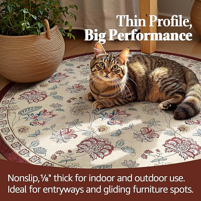 jinchan 7ft Floral Round Rug for Dining Room Washable Living Room Rug Vintage Romance Design Non Slip Indoor Floor Cover Lightweight Low-Profile Throw Carpet for Bedroom Porch Patio, Red/Beige-CubbioJoy