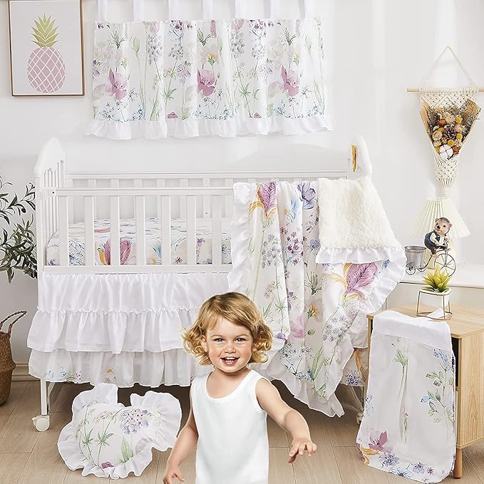 Brandream Wildflower Butterfly Crib Bedding Sets for Girls Farmhouse Baby Nursery Bedding Blanket Set Romantic Purple White, 6 Pieces-CubbioJoy