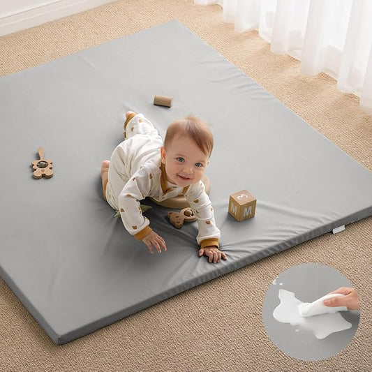Blissful Diary Vegan Leather Baby Play Mat, 47x47 Thicken Foam Cushioned & Waterproof Playpen Mat for Infants and Toddlers, Stylish and Just Wipe-Clean Playmat for Baby Play on Floor, Light Gray-CubbioJoy