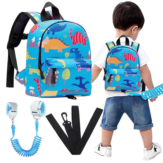 Accmor Toddler Backpack Leash with Anti Lost Wrist Link, Cute Mini Child Walking Harnesses Keep Kids Close Back Pack Rope Tether Rein for Baby Boys (Light Blue/Dino)-CubbioJoy